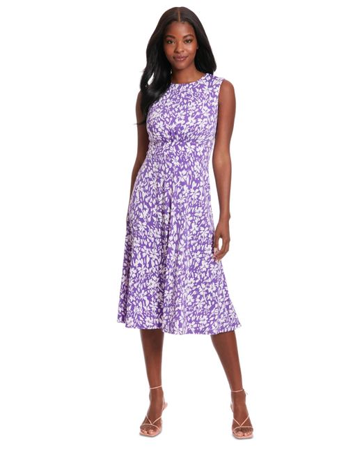London Times Purple Floral-print Jewel-neck Midi Dress