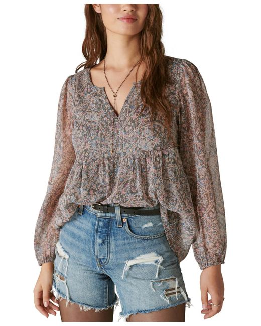 Lucky Brand Paisleyprint Splitneck Peasant Top in Brown Lyst