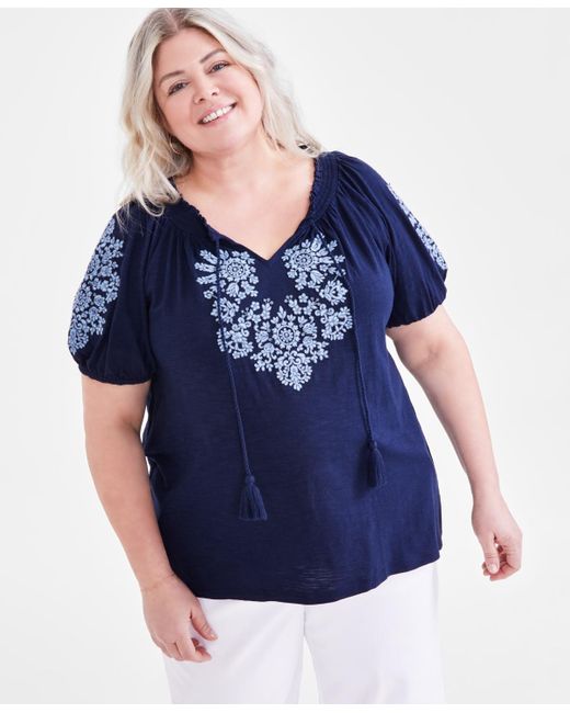 Style & Co. Blue Plus Size Embroidered Peasant Top