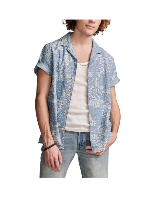 Lucky Brand Blue Printed Chambray Camp Collar Short Sleeve Shirt for men