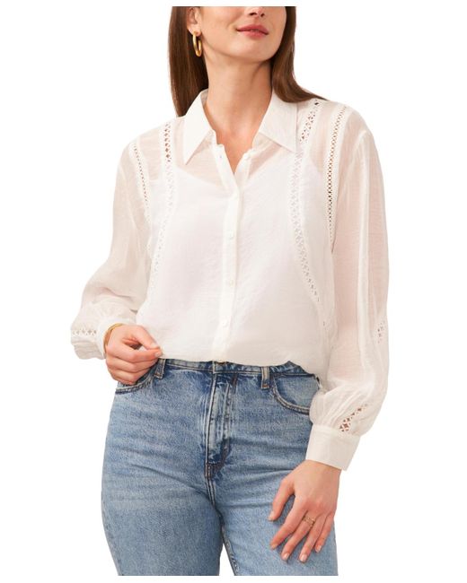 Vince Camuto White Button-down Pointelle Top