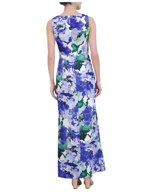 Eliza J Blue Floral-print Twist-front Gown