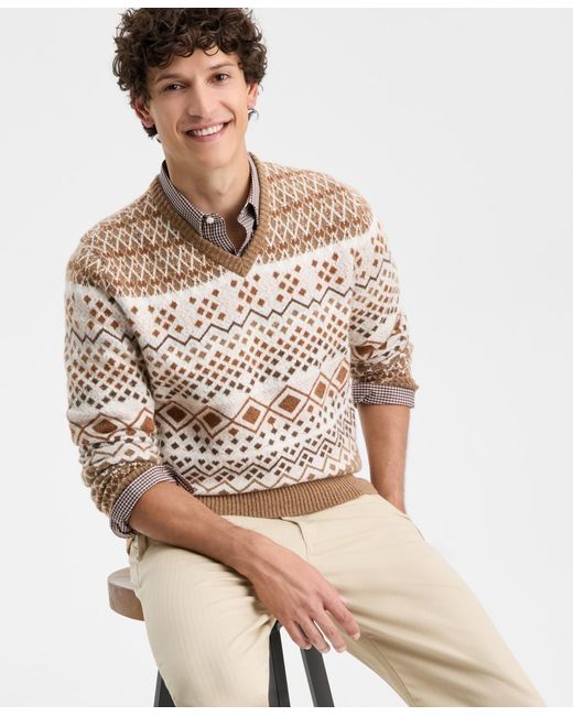 Club Room Natural Northern Geo Fair Isle V-neck Sweater for men