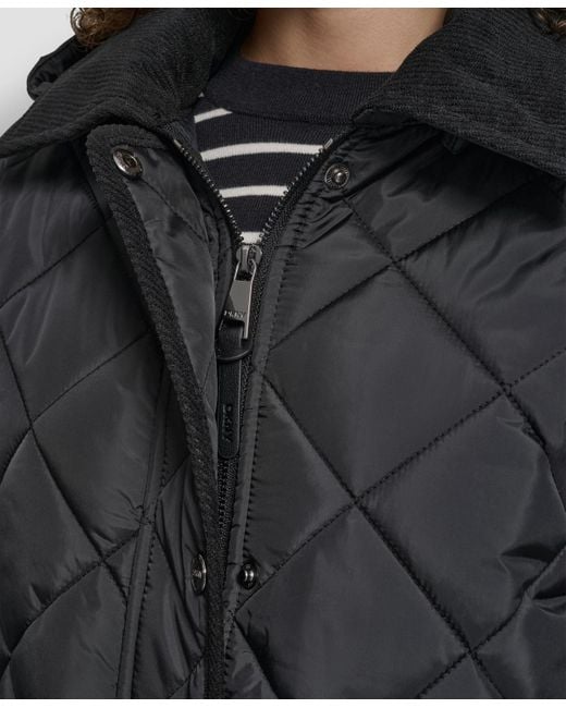 DKNY Gray Corduroy Collar Hooded Quilted Coat