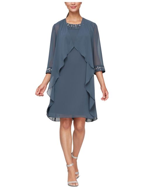Sl Fashions Blue Embellished-neck Long Overlay Jacket Dress