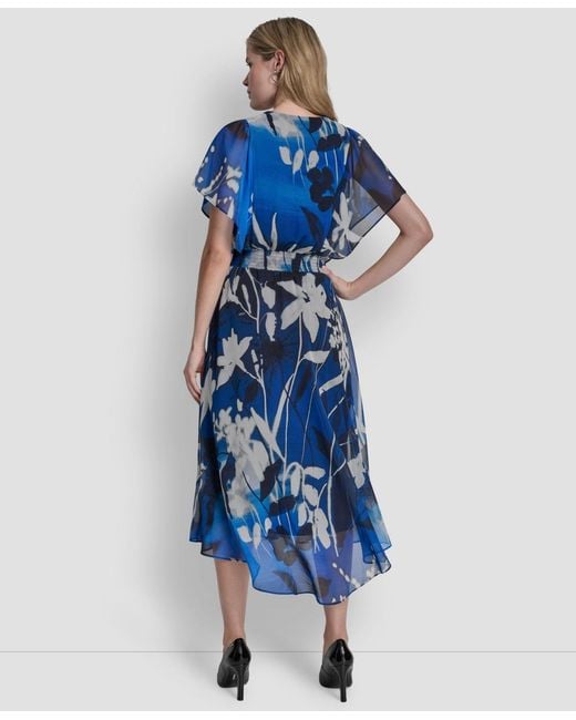 DKNY Short Flutter Sleeve V Neck Smocked Waist Floral Midi Dress in Blue |  Lyst