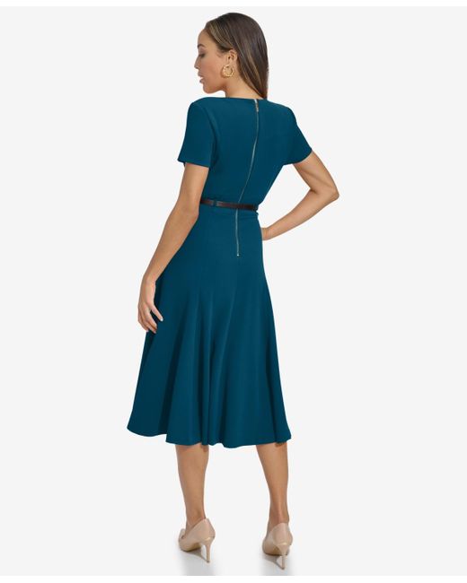 Calvin Klein Blue Short-sleeve Belted Fit & Flare Dress