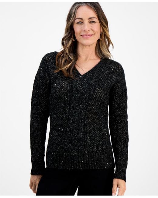 Style Women's Black Petite Sequin Cable-knit Sweater