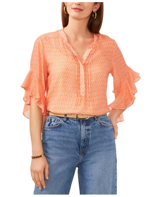 Vince Camuto Blue Printed Pintuck Flutter-sleeve Top