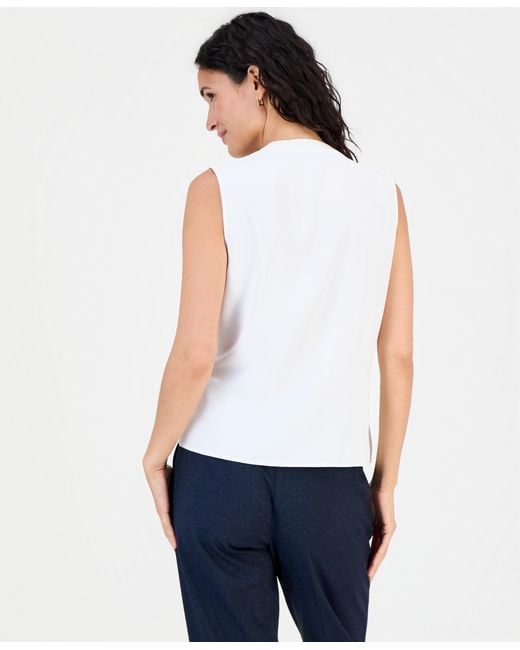 Kasper White Ruffled Split-neck Sleeveless Blouse