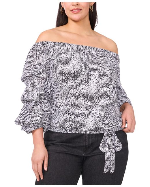 Vince Camuto Gray Plus Size Printed Off-the-shoulder Bubble 3/4-sleeve Tie-front Blouse