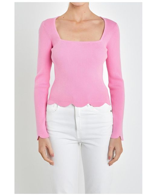 English Factory Pink Scallop Hem Long Sleeve Sweater