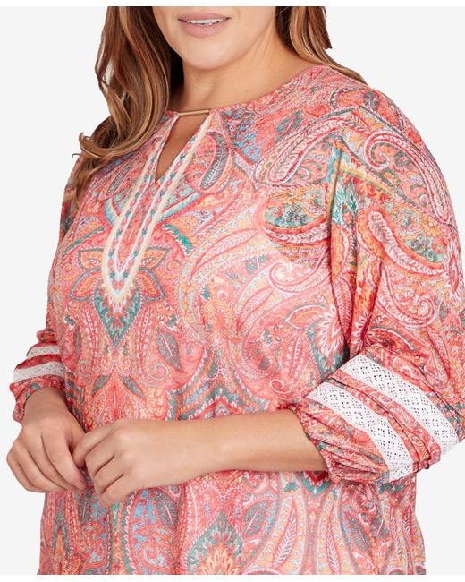 Ruby Rd Pink Plus Size Paisley Lace Knit Top