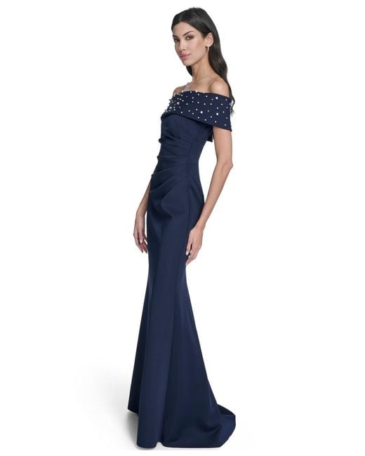 Eliza J Off-the-shoulder Faux-pearl-embellished Evening Gown in Blue