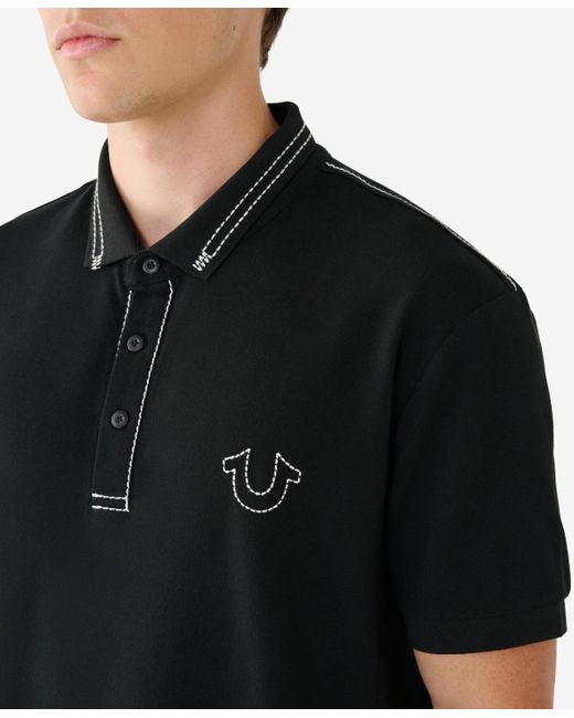 True Religion Black Big T Embroidered Polo Shirt for men