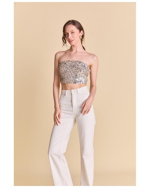 Endless Rose Natural Beaded Sequins Strapless Top
