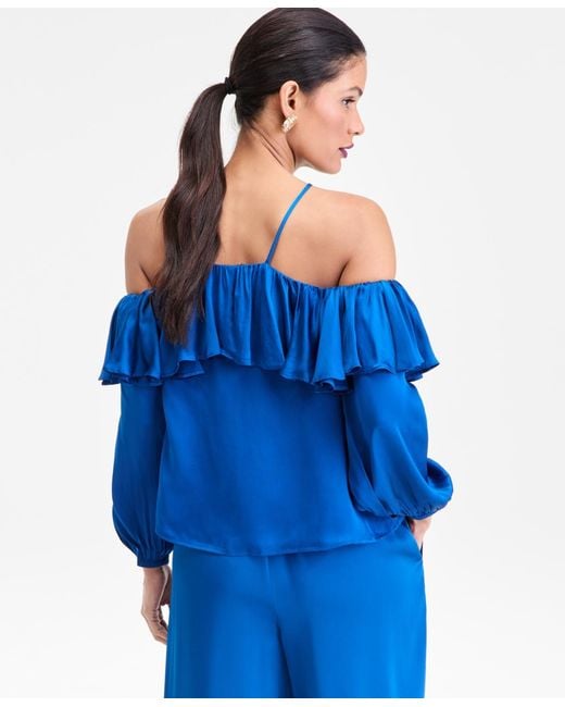 INC International Concepts Blue Cold-shoulder Long-sleeve Ruffle Blouse