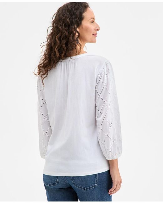 Style & Co. White Split-neck Eyelet-embroidered Top