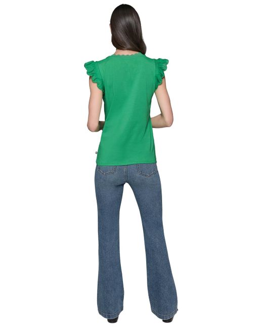 Karl Lagerfeld Green Scalloped Flutter-sleeve Top