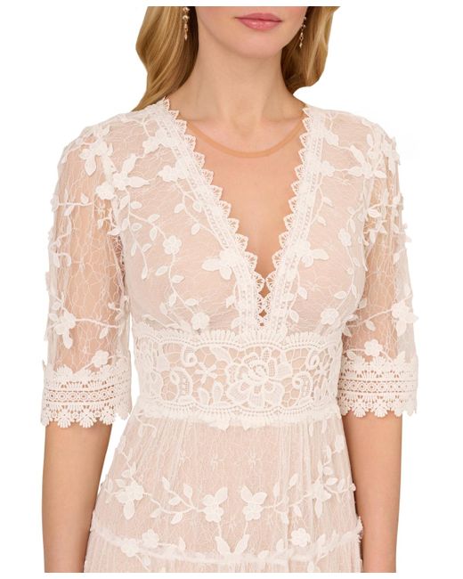 Adrianna Papell White V-neck Lace Embroidery Dress