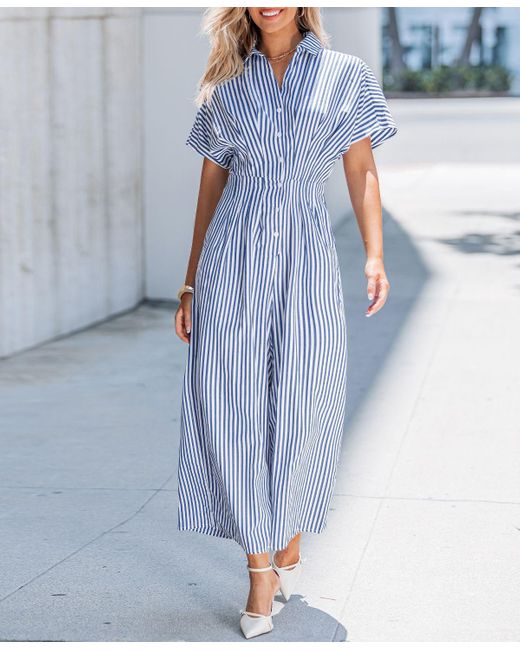 CUPSHE Blue Striped Button-up Jumpsuit