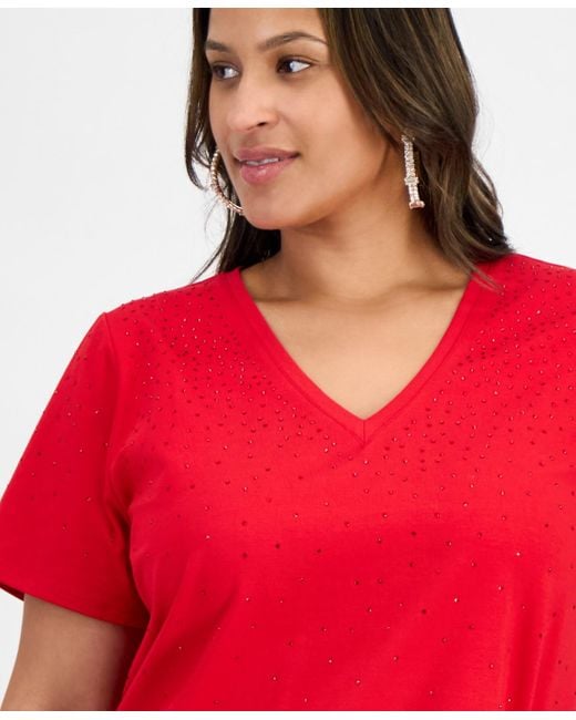 INC International Concepts Red Plus Size V-neck Rhinestone-embellished Top