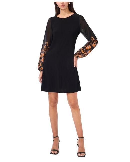 Msk Women's Black Chiffon-sleeve Jersey Shift Dress