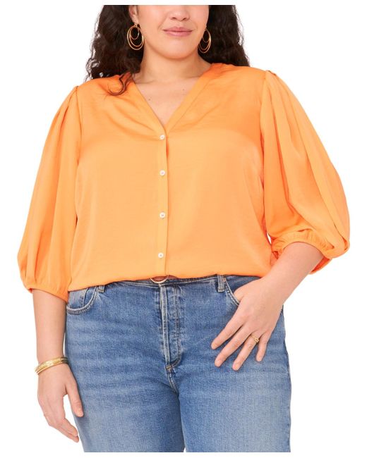 Vince Camuto Orange Plus Size V-neck Balloon-sleeve Shirt