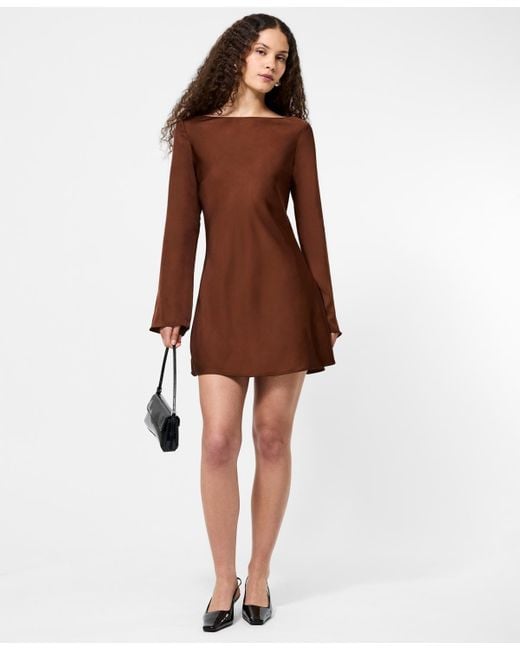 French Connection Brown Ennis Satin Long Sleeve Mini Dress