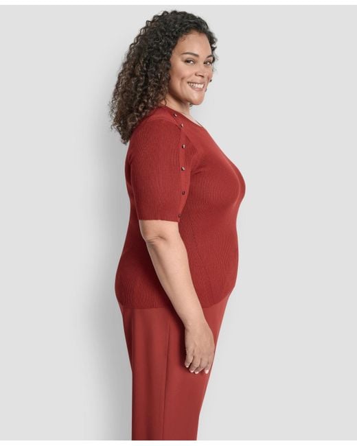 DKNY Red Plus Size Short-sleeve Button-detail Sweater