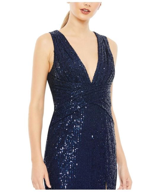 Mac Duggal Blue Ieena V-neck Sequin Wrap Waist Gown
