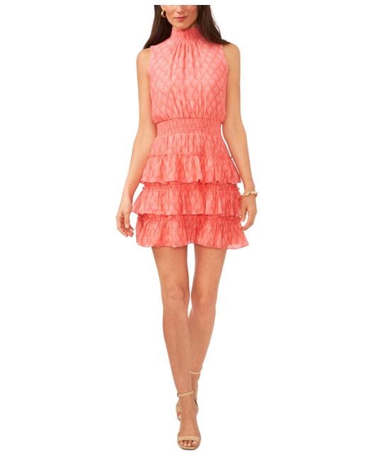 1.STATE Red Printed Smocked Ruffled Sleeveless Fit & Flare Dress