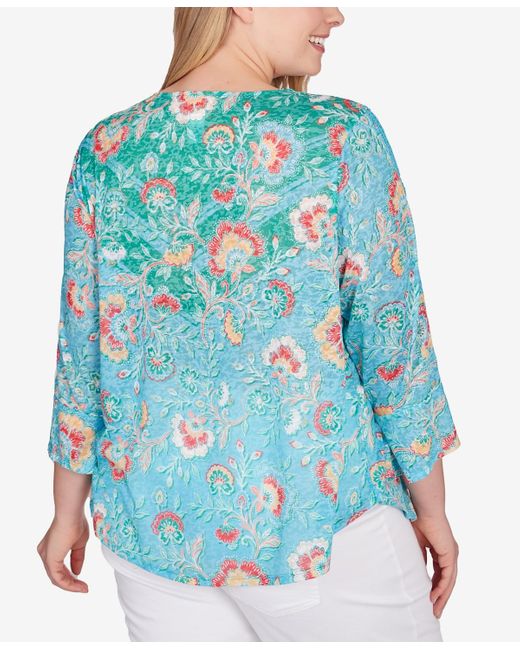 Ruby Rd Blue Plus Size Triopical Chevron Lace Sleeve Top