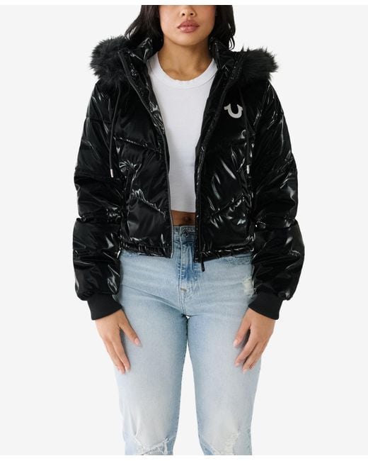 True Religion Faux Fur Trim Hooded Puffer Jacket in Black Lyst