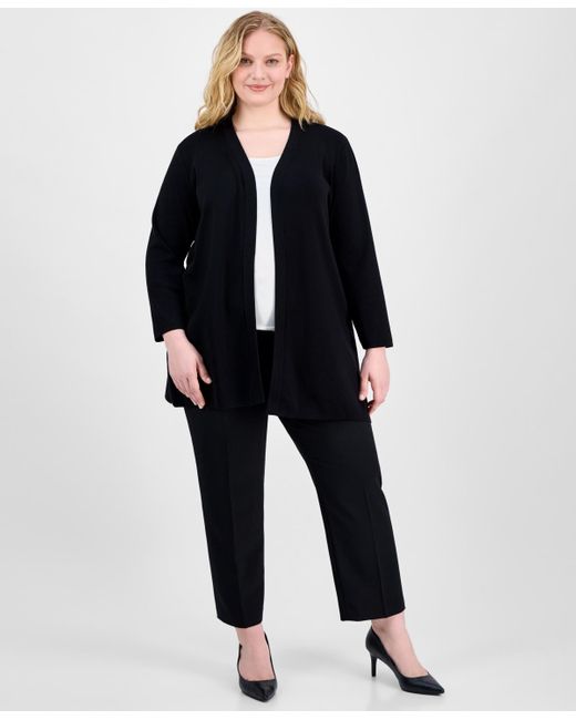 Anne Klein Black Plus Size Open-front Long-sleeve Side-slit Cardigan