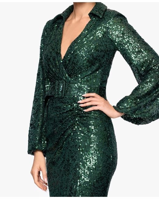 Betsy & Adam Sequin Collared Long Dress in Green | Lyst