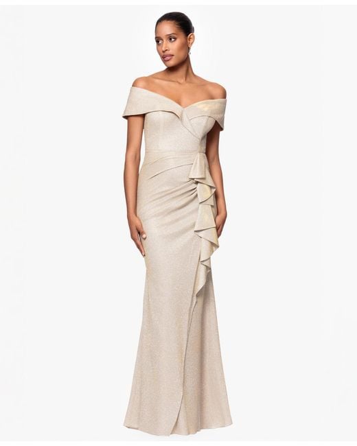 Xscape White Metallic Off-the-shoulder Ruffled Gown