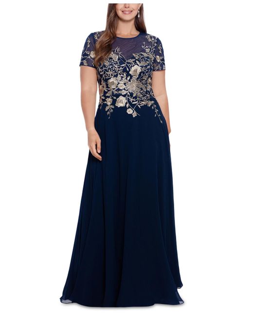 Betsy & Adam Blue Plus Size Beaded Embroidered Gown