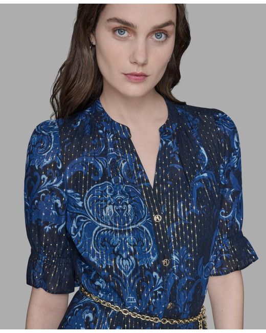 KARL LAGERFELD Petite Printed Belted Fit & Flare Dress in Blue | Lyst