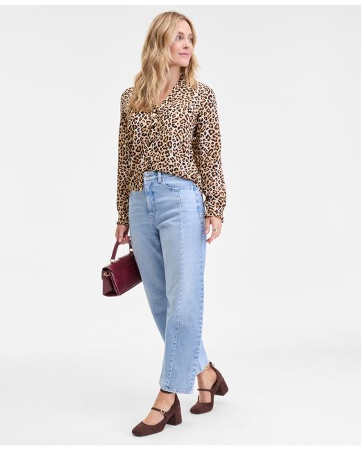 On 34th Blue Ruffle-trim Split-neck Blouse