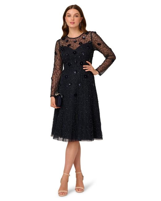 Adrianna Papell Women's Black Petite Bead Velvet Midi Dress