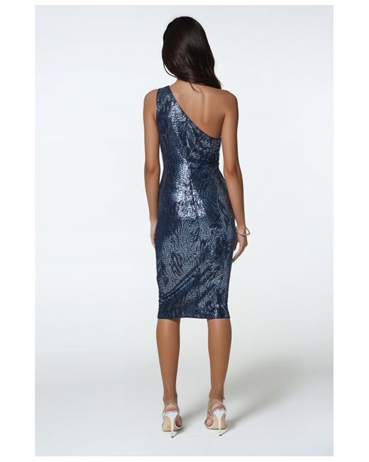 Bebe Blue Zebra Sequin One Shoulder Midi Dress