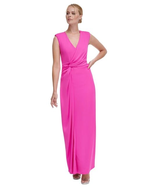 DKNY Pink V-neck Side-knot Sleeveless Gown