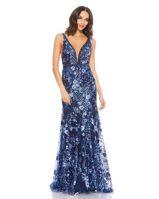Mac Duggal Blue Floral Embellished Sleeveless Plunge Neck Gown