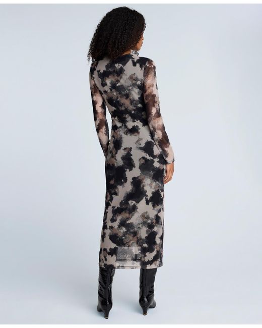 Kenneth Cole Black Printed Mesh Long-sleeve Knot Dress