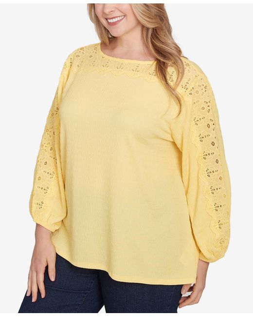 Ruby Rd Yellow Plus Size Solid Textured Eyelet 3/4 Sleeve Top