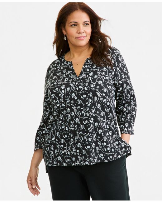 Style & Co. Black Plus Size Vine Floral Split-neck 3/4-sleeve Tunic