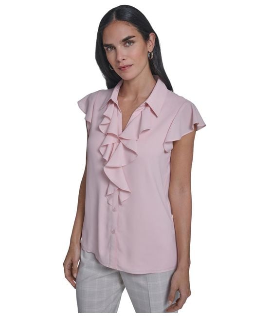 Calvin Klein Purple Solid Cap-sleeve Ruffle Front Top