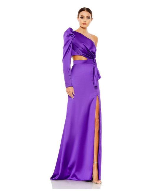 Mac Duggal Purple Ieena Puff One Sleeve Cut Out Side Knot Gown