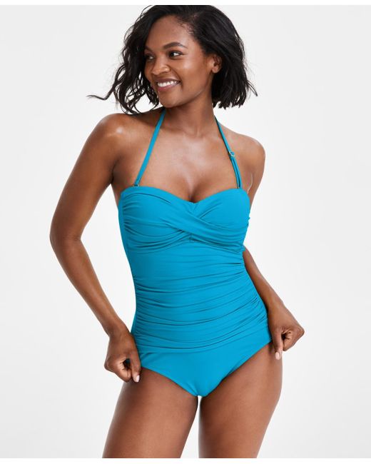 Anne Cole Blue Twist-front Ruched One-piece Swimsuit